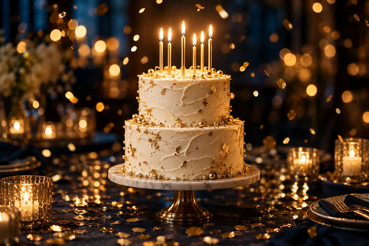 Bolo com velas acesas e confete dourado caindo sobre a mesa, num ambiente à meia-luz.